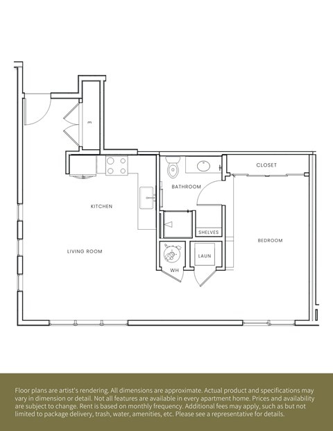 A floor plan of an apartment with a living room, kitchen, bathroom, bedroom, and laundry area.
